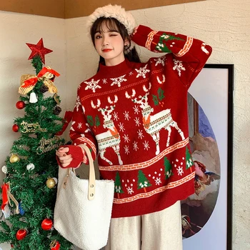 Ženske Božič Pulover Dolg Rokav Vintage Oversize Pletene Pulovers Y2k Oblačila Jacquardske Korejski Modo, Estetiko, Ulične