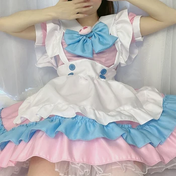 Ženske Lolita Obleko Anime Cosplay Devica Obleko Roza, Moder Predpasnik Lep Sweet Lolita Obleke Srčkan Devica Služabnik Kostumi Obleke