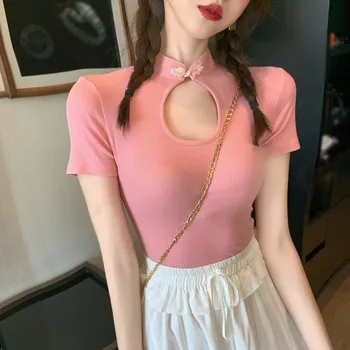 Ženske majice Cheongsam Retro korejskem Slogu Plesti Vrh Seksi Slim-fit Poletje Kratek Sleeve Solid Color Tee Majica