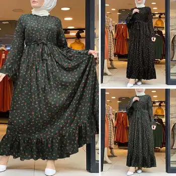 Ženske Muslimanskih Dolga Obleka Ohlapno Haljo Priložnostne Print Maxi Sundress ZANZEA 2022 Pomlad Dame, Dolge Vestidos Povoj turška Obleka 4